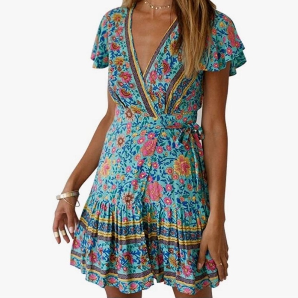 Pink and Blue Flutter Sleeve Wrap Mini Dress